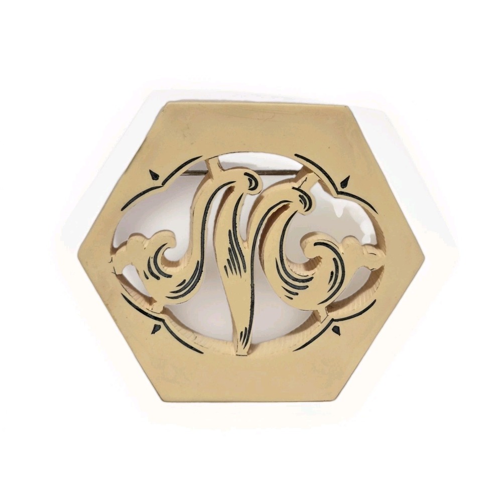Vintage Bakelite Monogram Custard Brooch Open Work Carved  Art Deco